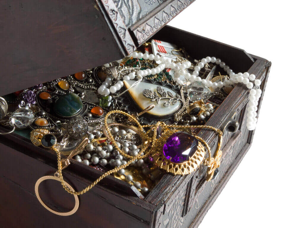 an old jewelry box with necklaces
